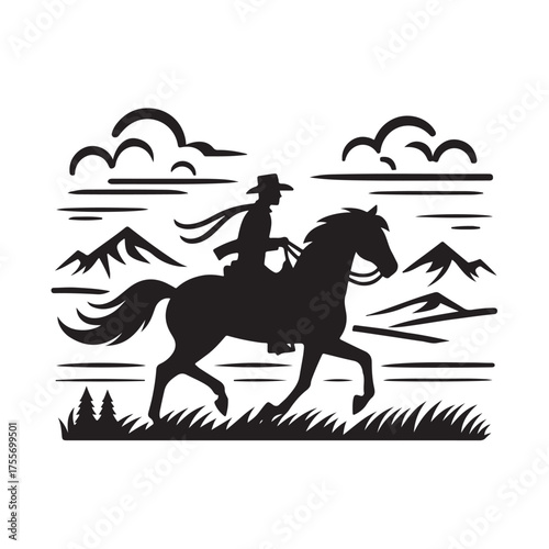 Vector illustration of a cowboy riding a horse with a natural landscape background, depicting an adventurous atmosphere on the prairie.