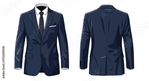 Illustrative depiction showcasing a tailored navy suit, highlighting its front and back views for professional presentation or design purposes