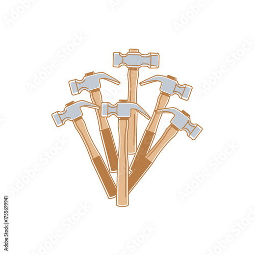 A cluster of hammers isolated on white background, tools of the trade arranged in a pleasing composition, symbolizing craftsmanship and construction with their sturdy handles