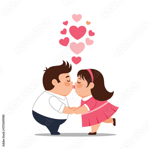 A sweet couple shares a tender kiss surrounded by floating hearts a symbol of their affection.