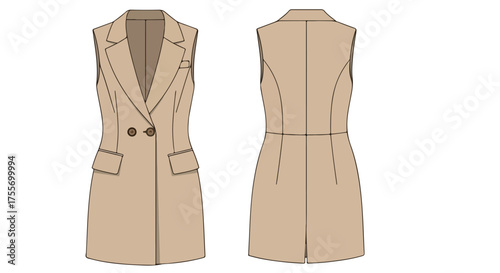 Technical flat sketch illustrating a sophisticated double-breasted vest dress design for fashion designers and apparel manufacturers