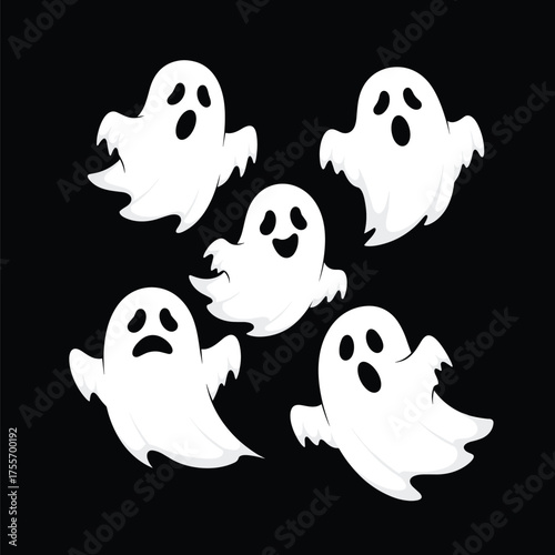 A group of friendly and spooky ghosts floating together on a dark background.