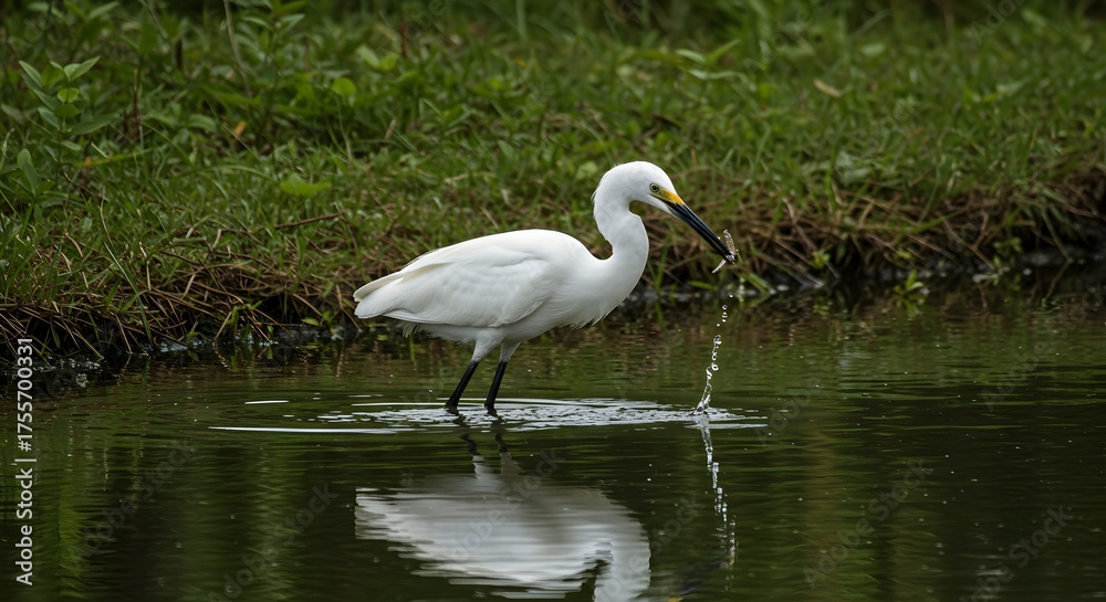 Naklejka premium White heron in water with reflection; water stream, vegetation, nature scene