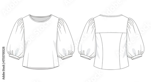 Technical sketch of a blouse with round neck and puff sleeves presented in front and back views, ideal for fashion design projects