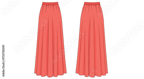 Elegant coral pleated maxi skirt presented from both front and back perspectives on pristine white backdrop ideal for fashion design needs