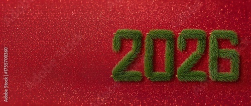 2026 New Year Banner with Pine Numbers on Red Glitter Background