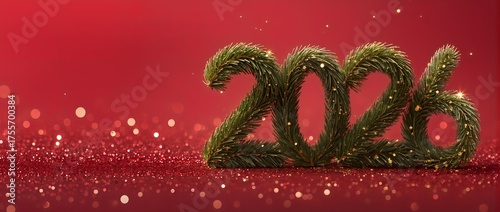 2026 New Year Banner with Pine Numbers on Red Glitter Background