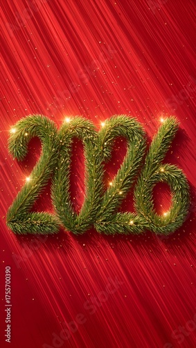 2026 New Year Vertical Banner with Pine Numbers on Red Glitter Background