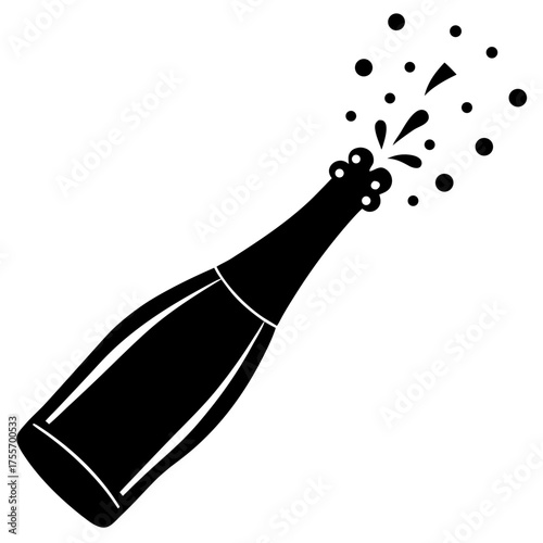 Black silhouette of champagne bottle burst on transparent background