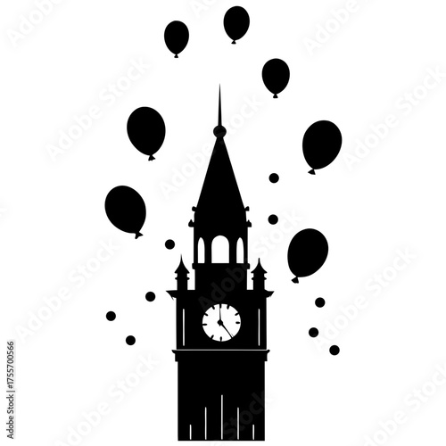 Silhouette of big ben with some balloons on transparent background