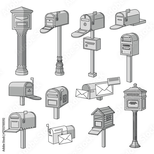 A collection of various styles of mailboxes and postal boxes for delivering letters and parcels.
