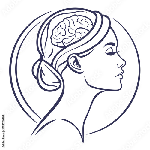 Elegant line art illustration of a woman s profile with a detailed brain visible inside her head