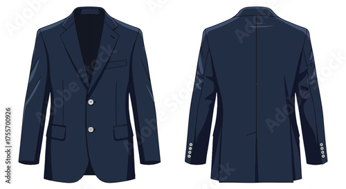 Sophisticated navy blazer, front and back view showcase tailored professional attire highlighting the elegant design features for modern style