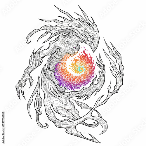 Mystical spirit with a swirling core, representing energy, transformation, and the balance of chaos and order, isolated on white background an intricate design