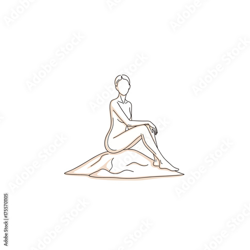 Minimalist line art illustration of a nude woman sitting on fabric, isolated on white background, capturing feminine beauty and artistic expression
