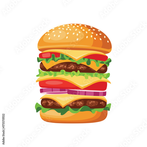 A tall towering triple cheeseburger with lettuce tomato and onion.