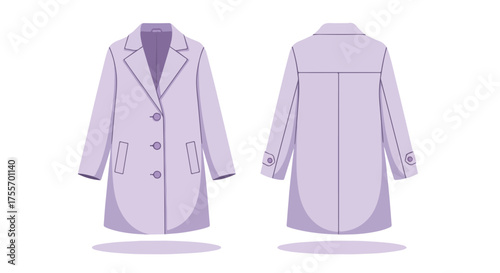Illustration of a lavender overcoat showcasing both the front and back designs on a white background for design purposes