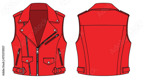 Illustrative front and back view of a crimson sleeveless biker jacket with decorative zippers and buckle details rendered on a clean white backdrop