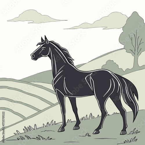 Majestic dark horse standing proudly on a grassy hill overlooking rolling fields and a distant tree