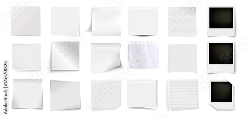 Realistic sticky notes collection. Polaroid frame. Colored paper memo sheets and torn notebook pages with curled corners. Office stationery reminder set on transparent background