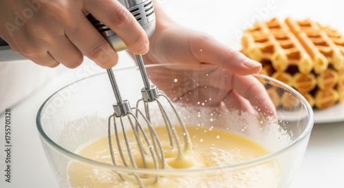 Hands whisking batter in a glass bowl with a waffle in the background