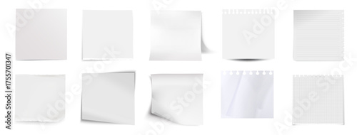 Realistic sticky notes collection. Polaroid frame. Colored paper memo sheets and torn notebook pages with curled corners. Office stationery reminder set on transparent background