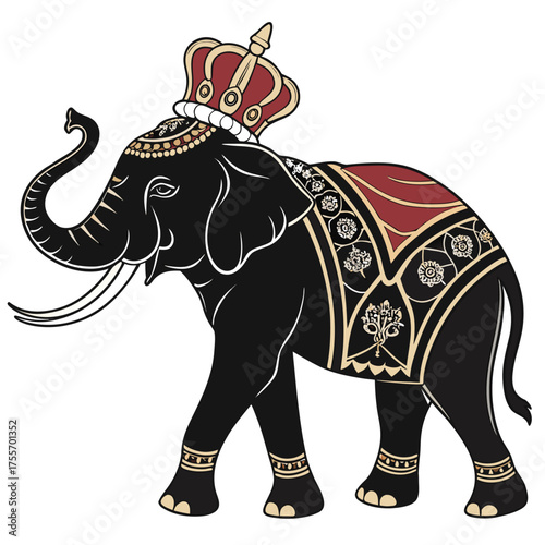 Majestic black elephant adorned with an ornate crown and richly decorated saddle cloth walking proudly elephant cartoon isolated on white background