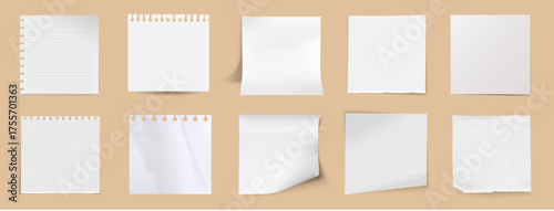 Realistic paper notes collection. Torn notebook pages and blank memo sheets with shadow and curled corners. Vector stationery set on transparent background