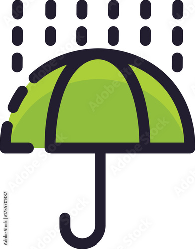 Weather icon with green umbrella shielding from rain suitable for weather forecast apps, travel brochures, and outdoor event promotions.
