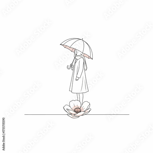 A delicate line art illustration isolated on white background of a girl with an umbrella standing on a flower, exuding a sense of peace and tranquility