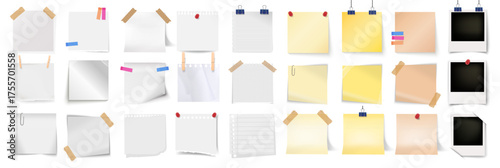 Realistic paper notes collection. Sticky memo sheets and torn notepad pages with clips, pins and tape. Polaroid frame. Office stationery reminder set on transparent background