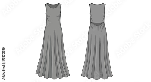 Elegant flowy gown mockup: A digital illustration showcasing a long, sleeveless dress design in a soft gray hue, perfect for fashion design and