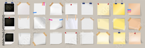 Realistic sticky notes collection. Polaroid frame. Colored paper memo sheets and torn notebook pages with clips, pins and curled corners. Office stationery reminder set on transparent background