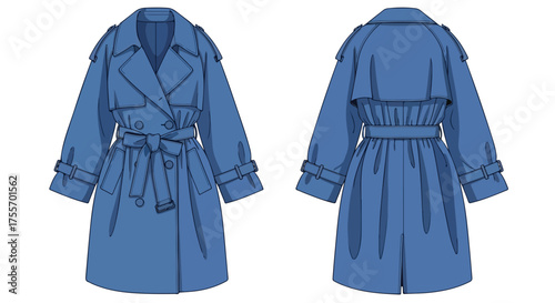 Detailed digital rendering of a double-breasted, belted, blue trench coat design concept showcasing front and back views of the garment on a plain