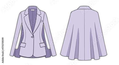 Lavander Cape Blazer: Fashionable garment design concept with front and back views of a stylish cape blazer illustration in lilac shade ready to wear