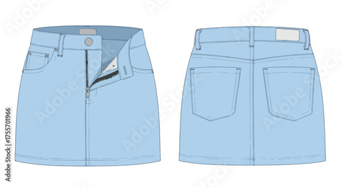 Technical illustration of a light blue denim mini skirt showcasing front and back design details with visible pockets and hardware, on a white