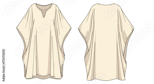 Fashion flat sketch of a loose-fitting dress with a v-neck and relaxed sleeves illustrating garment construction and design details