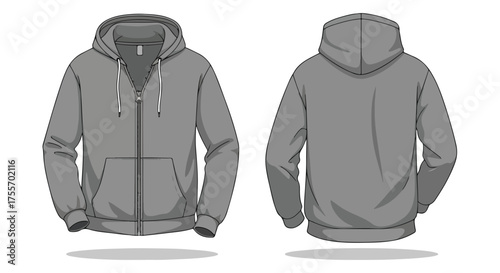 Sleek gray hoodie illustration showcasing front and back views revealing casual apparel design aesthetics