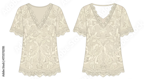 Digital Illustration of a Bohemian Style Blouse with Lace Detailing and V-Neck Cutout Design in Neutral Color Palettes