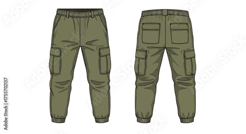 Front and Back View Illustration of Olive Green Cargo Pants with Multiple Pockets for Fashion Design and Technical Drawings