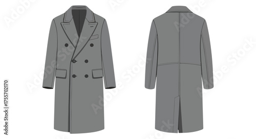 Double-Breasted Overcoat Technical Drawing: Front and Back Views for Fashion Design and Style Guidance