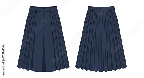 Navy Blue Pleated Skirt Technical Flat, Fashion Design Template, Garment Pattern, Uniform Skirt Visual