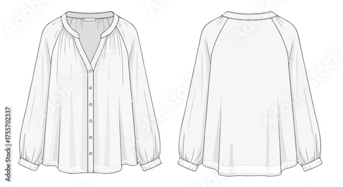 Technical fashion drawing of a white blouse featuring front button closures and long balloon sleeves in a flat sketch style illustration