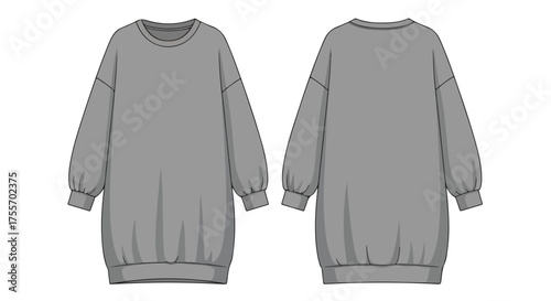 Technical fashion illustration showcasing a front and back view of a woman's loose-fitting grey sweatshirt dress on a white background