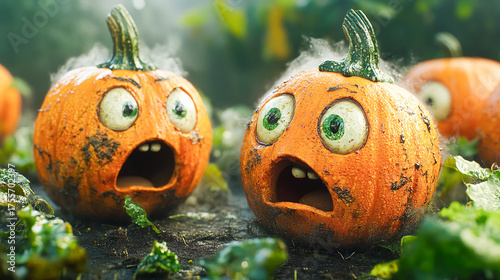 Jack-o'-lantern pumpkins with funny faces, shrouded in mist on a dark background — Halloween spooky season scene