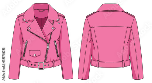 Illustrated pink leather jacket front and back view fashion design vibrant style garment details modern sketch showcasing zippers and belt accents