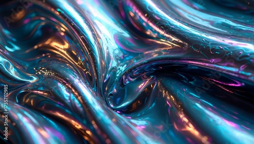 Liquid metal chrome silver steel abstract background. Iridescent neon techno header flowing design concept. Ripple and swirl on wavy metallic surface.	