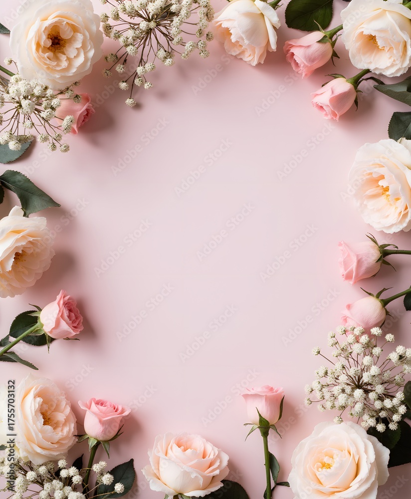 custom made wallpaper toronto digitalElegant Floral Frame with Soft Pink Roses and Delicate White Accents on Light Background