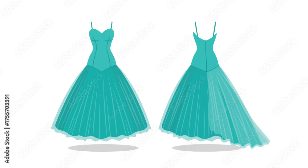 Obraz premium Elegant Teal Gowns: Front and Back View of Formal Dresses for Special Occasions and Prom Nights showing details and graceful drape of the skirts