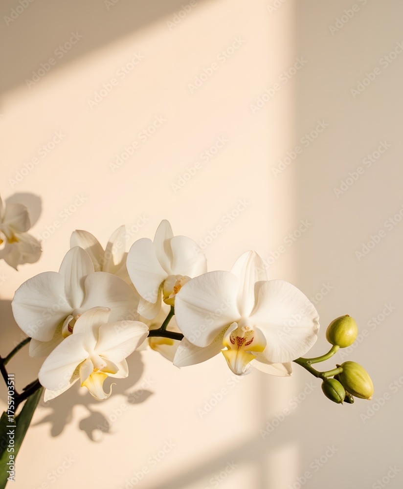 Fototapeta premium Elegant white orchid flowers with soft sunlight and gentle shadows on a light background